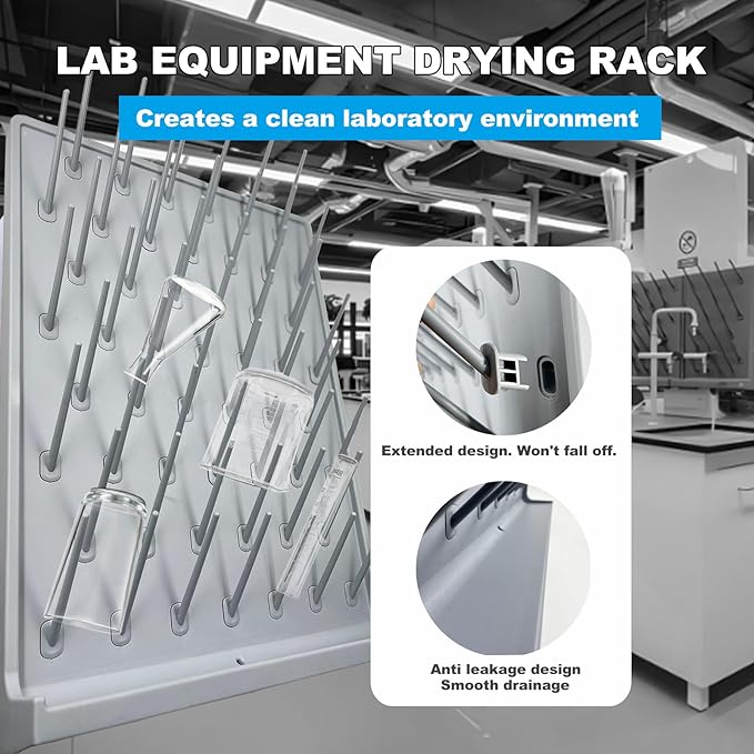 Lab Drying Rack 52 Pegs Laboratory Cabinets Glass Drying Racks Wall-Mount Grey Cleaning Frame for School Laboratory Utensils Hidden Installation