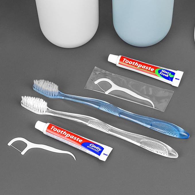 30 pcs Disposable Toothbrushes with Toothpaste Floss Individually Wrapped, 2 Color Disposable Toothbrush, 10g Toothpaste, Dental Floss Pick, Bulk Toothbrush Kit for Homeless,Airbnb,Hotel,Guest