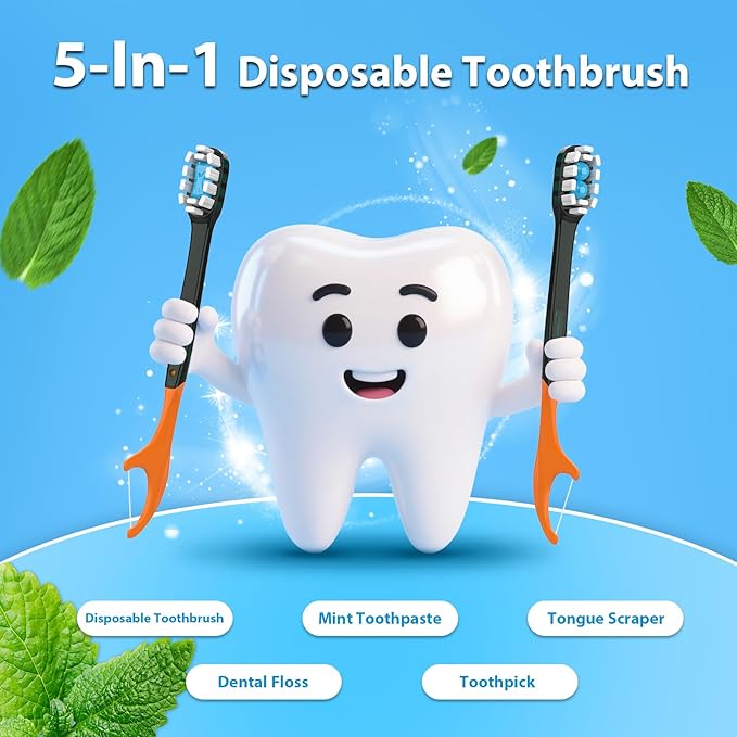 12Pack Disposable Toothbrush with Toothpaste All-in-One Oral Care Prepasted Individually Wrapped 5-in-1 Mini Toothbrush with Toothpick, Flosser, Tongue Cleaner, Perfect for Travel & On-The-Go