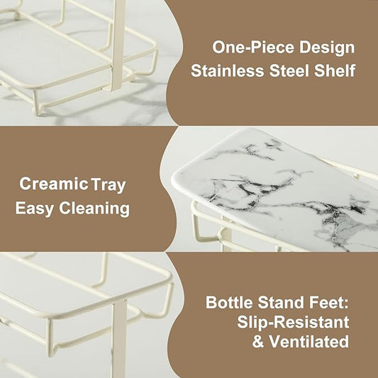 Bathroom Organizer Countertop Perfume Organizer Makeup Organizer Cosmetics Storage Display Rack Vanity Tray Dresser Stainless Steel Gold Shelf White Marble Ceramic Tray (2 Tier L-Cream)