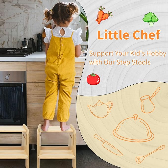 WOOD CITY Toddler Step Stool, Wooden 2 Step Stools for Bathroom Sink Potty Training Kitchen Dual Height Stool Helper for Kids Bonus Non-Slip Pads and Handles for Safety (2 Pack Natural)