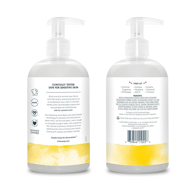 Kirk's Odor-Neutralizing Clean Hand Soap Castile Liquid Soap Pump Bottle | Moisturizing & Hydrating Kitchen Hand Wash | Lemon & Eucalyptus Scent | 12 Fl Oz. Bottle