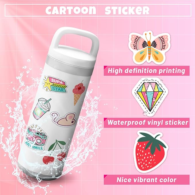 Adorable Stickers 200 Pcs/Pack for Kids - Cute Animal, Food & Positive Phrase Stickers for Laptop, Phone, Water Bottle, Journal, Scrapbook (Adorable)