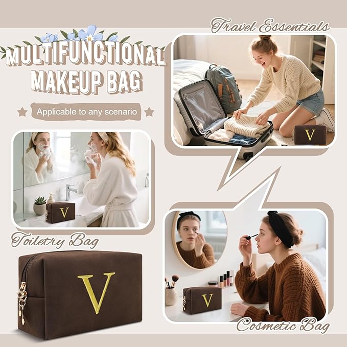 Personalized Initial Makeup Bag,Preppy Suede Cosmetic Bag for Teen Girls,Small Monogram Travel Toiletry Bag With Gold Embroidered Letter,Trendy Stuff Custom Christmas Gift for Women(Coffee-V)