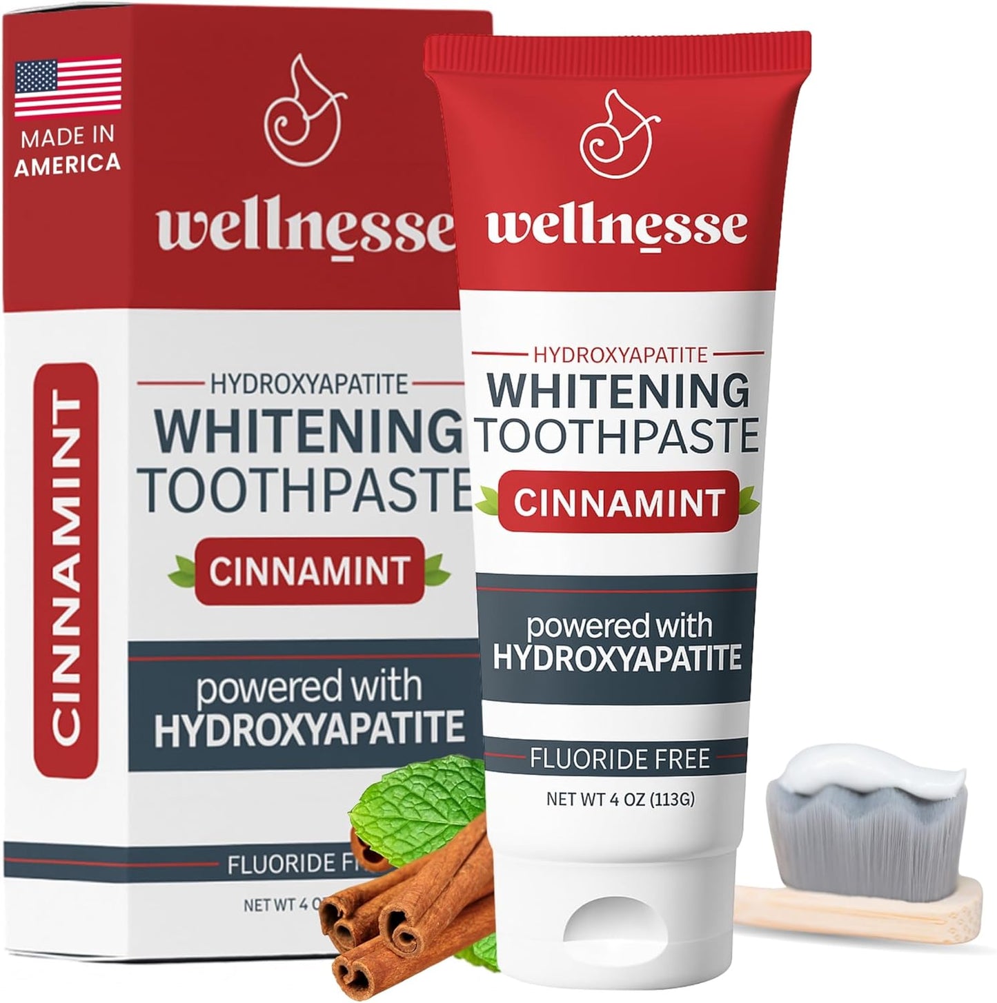 Wellnesse Hydroxyapatite Toothpaste – Fluoride Free for Sensitive Gums – Anti-Plaque, Remineralizing, Enamel Protection & Natural Whitening Toothpaste for Adults – Cinnamint Flavor - 4 oz