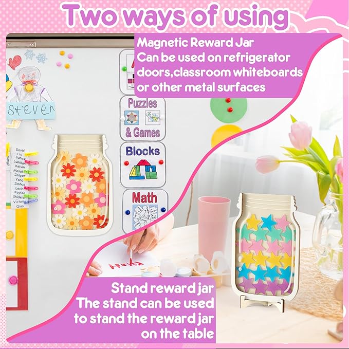 2 Pack Reward Jar for Kids Star and Flowers Reward Jar Magnetic Reward Jar for Classroom Toddlers Potty Training Reward Home Kids Incentive Good Home Training for Boys Girls,Star+Flowers