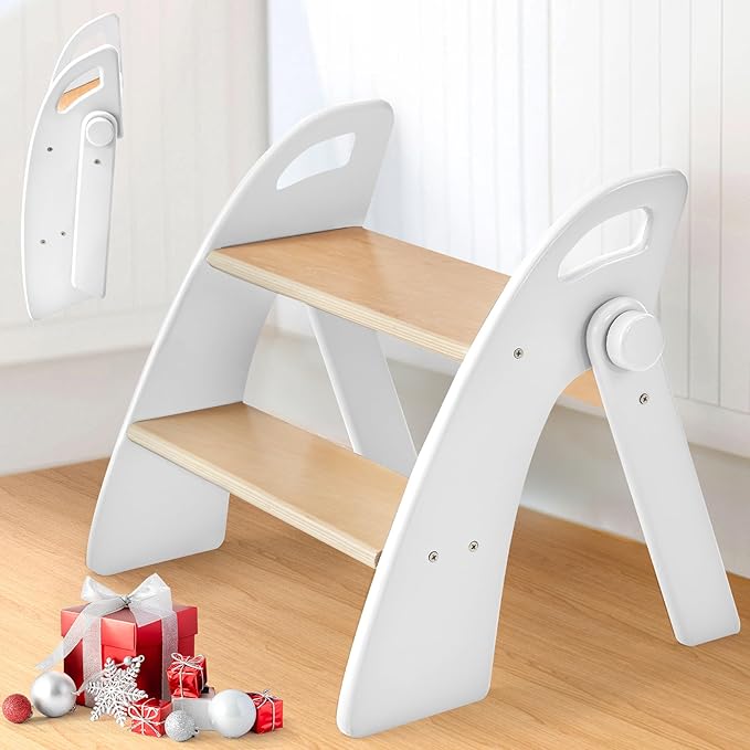 Wooden Step Stool, 300 lb. Load Capacity, with Safety Non-Slip Pads and Handles, Bamboo Step Stool for Bathroom and Kitchen, Gift for Christmas (White)