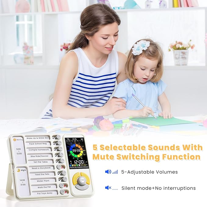 5 IN 1 Visual Timer for Kids/Adults with Chore Chart, ADHD Tools 12/24H Silent Task Timer and Pomodoro Timer, ADHD & Autism Sensory Products, Visual Schedule for Kids Back to School Supplies Off-white