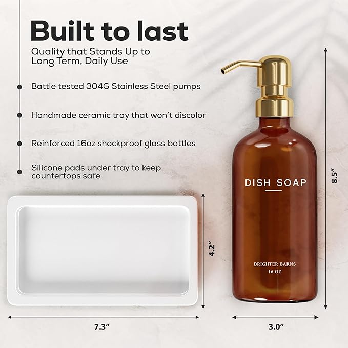 Luxury Glass Hand and Dish Soap Dispenser Set with Tray by Brighter Barns - Kitchen Soap Dispenser with Tray and Pump for Kitchen Sink - Luxury Home Decor for Airbnb, Restaurant, Hotel (Amber/Gold)