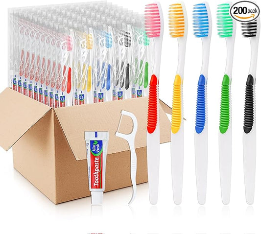 Disposable Toothbrushes with Toothpaste and Floss,200pcs Single Use Individually Wrapped Disposable Travel Toothbrushes and Dental Floss Kit Bulk for Homeless,Airbnb,Dentist,Hotel(5 Colors)