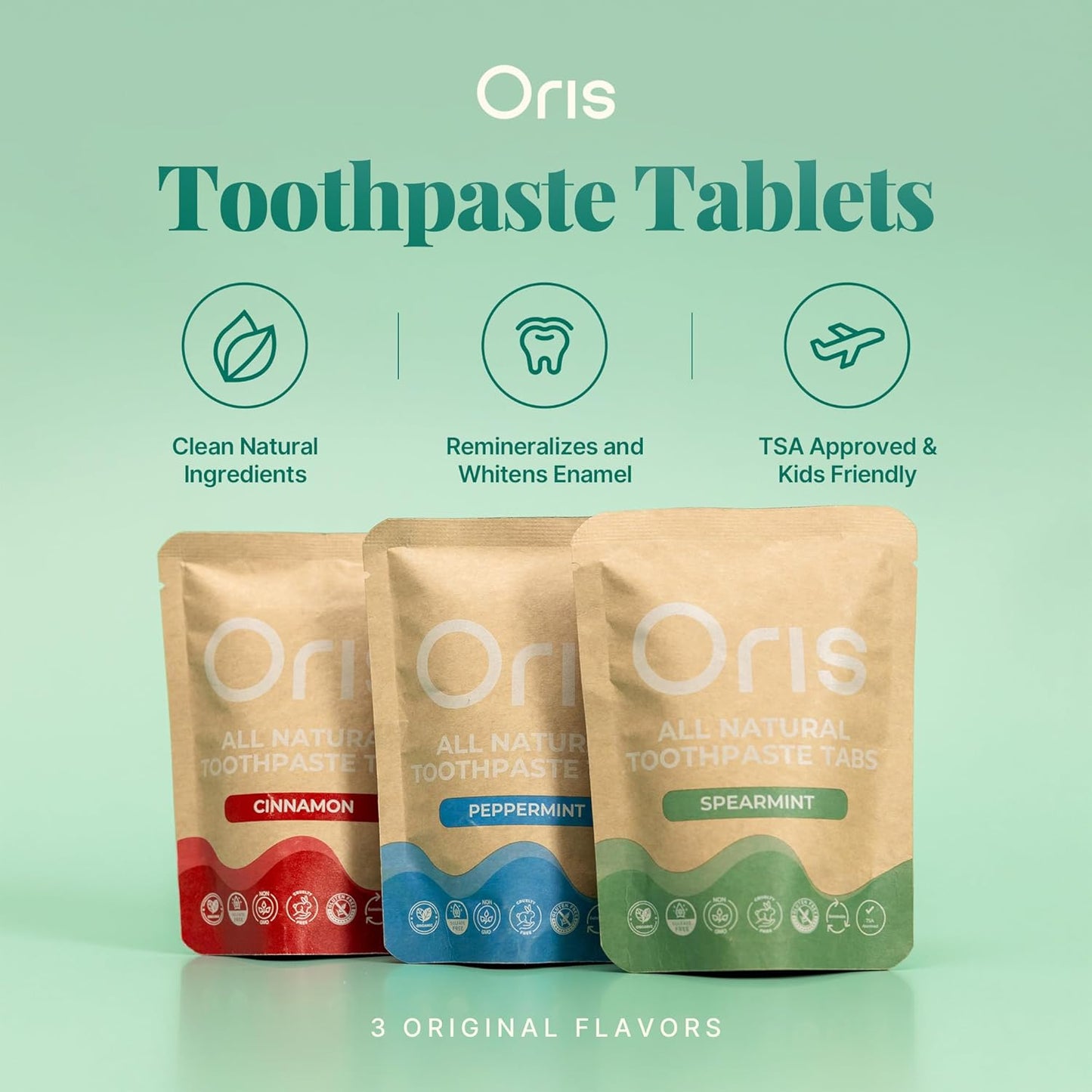 Oris Natural Toothpaste Tabs - Bite Toothpaste Tablets for Sensitive Teeth, TSA-Approved Plastic-Free & Kid-Friendly Zero Waste Travel Tabs - 62ct (Peppermint)