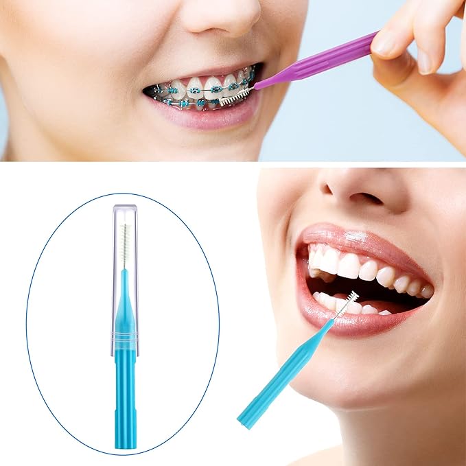 Patelai 50 Pieces Braces Brush for Cleaner Interdental Brush Between Teeth Toothpick Flosses Dental Flossing Head Oral Hygiene Tooth Cleaning Tool(Light Blue, Purple, Yellow, Gray)