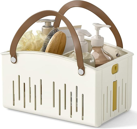 Delamu Portable Shower Basket Caddy with Double Handle Foldable Dry Wet Separation Design 11.0 × 7.1 × 6.5in, Travel, Camping, Gym, College Bathroom Tote, White, Ideal Christmas Gifts for Girls
