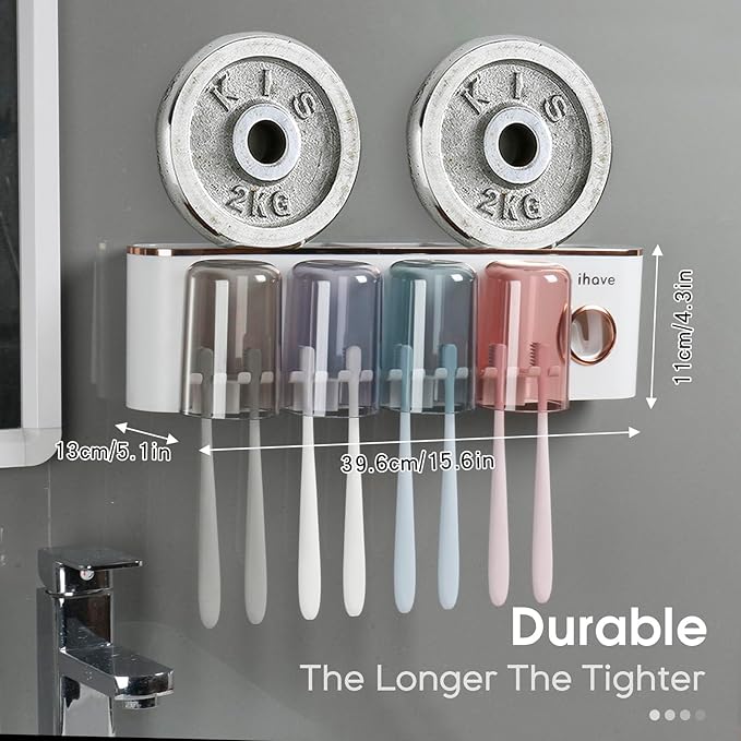 iHave Toothbrush Holders Bathroom Accessories with Toothpaste Dispenser, 4 Cups Toothbrush Holder Wall Mounted Bathroom Decor