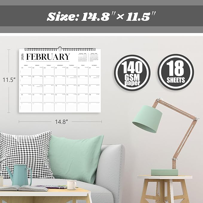 2026 Calendar, Wall Calendar 2026-2027, 18 Month Calendar January 2026 - June 2027, 14.8" X 11.5", Calendar with Twin-Wire Binding, Hanging Hook and Julian Dates (White)