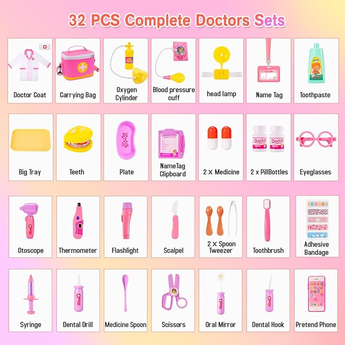 Meland Doctor Kit for Toddlers 3-5, Dentist Play Set with Teeth for Kids Pretend Play Girl Toys Birthday Gift for Toddler Girls Aged 3 4 5 6 Years Old