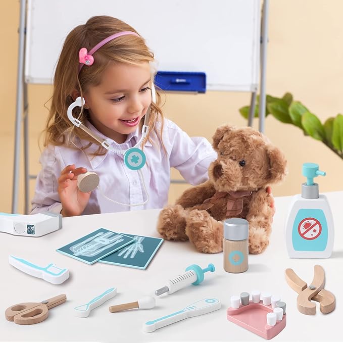 UMU® Deluxe Doctor Kit for Kids, Pretend Toy 36 PCS Wooden Doctor Playset for Toddlers, Montessori Toys Dentist Kit for 3, 4 and 5 Year Old Boys and Girls