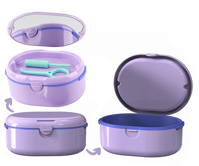 MURRI&MURRDI Retainer Case, Denture Bath Box with Strainer Basket, Mouth Guard Case Purple Braces Cleaner Cup, Cute Denture Holder Retainer Storage Soak Container for Travel (D Purple)