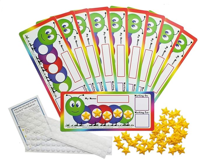 Kenson Kids “I Can Do It!” Caterpillar Token Board 10 Pack – Dry Erase Classroom- Student Incentive Star Charts - Ages 3-10 - Positive Reinforcement Boards with Customizable Goal Box-Measures 5 x 11”