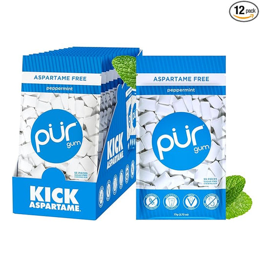 PUR Gum | Aspartame Free Chewing Gum | 100% Xylitol | Natural Peppermint Flavored Gum, 55 Pieces (Pack of 12)