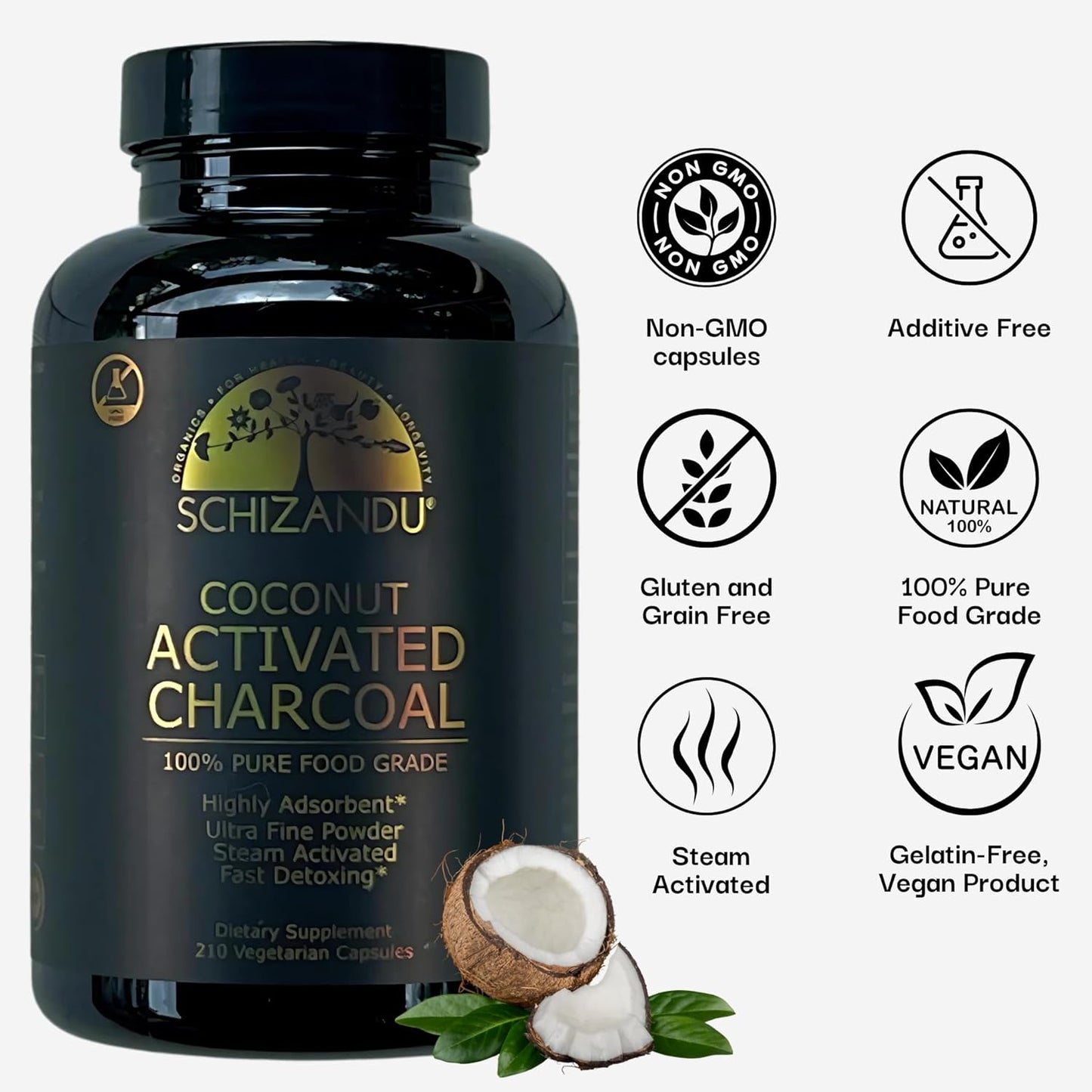 Activated Coconut Charcoal Capsules- Supports Health - Vegan, Organic, Non-GMO, No Additives - X-Large Bottle 210 Count - Pack of 2
