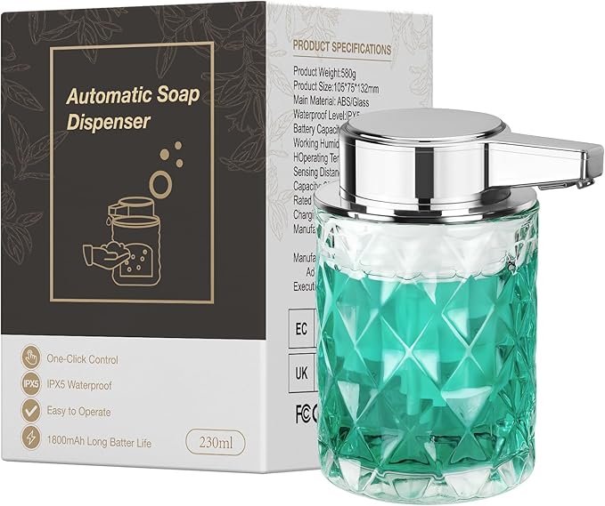 Automatic Soap Dispenser Liquid for Kitchen: 8 OZ Glass Touchless Clear Auto Soap Dispenser for Bathroom - Hand Dish Lotion Home Countertop Kids - Family Couple