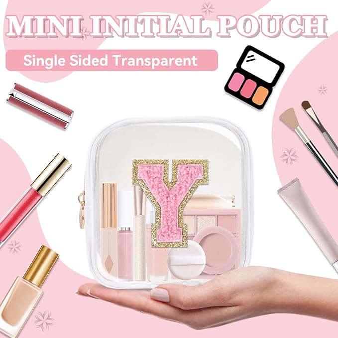 Iqimott Mini Clear Personalized Initial Makeup Bag, Small Preppy A-Z Chenille Letter Patch Cosmetic Pouch, Transparent PVC & Nylon Waterproof Zip Beach Toiletry Bag,Gift for Women Girls(White-Pink Y)