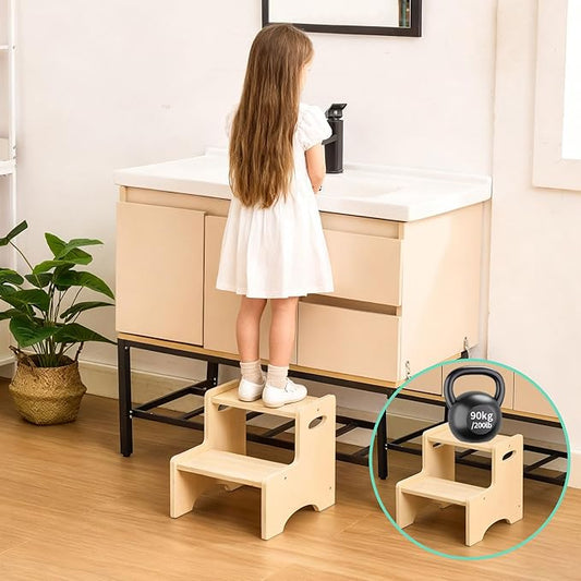 Wooden Toddler Step Stool for Kids, Two Step Stool with Non-Slip Pads & Handles, Potty Training Stool for Bathroom Sink, Toilet, Kitchen, Bedroom (Natural)