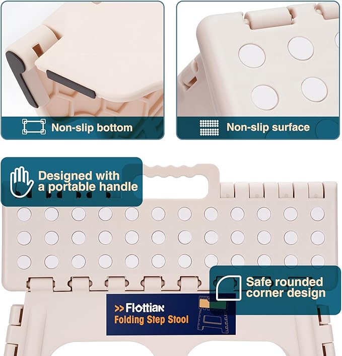 Flottian 9" Folding Step Stool for Adults and Kids 15-Inch Extra Wide Stool Holds Up to 300 lbs,Non-Slip Folding Stools with Handle,Compact Plastic Foldable Step Stool for Bathroom,Kitchen,ect,Khaki