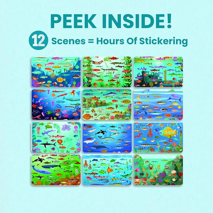 Cupkin Ocean Sticker Book Activity for Kids, Toddler Airplane Travel Essentials, 500+ Shark Stickers for Kids + 12 Scenes + 12 Coloring Book Pages, Deep Blue Sea Gift, Kid Crafts Ages 2-8