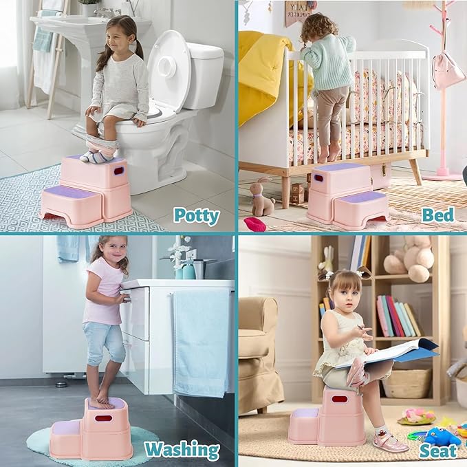 WELSPO 2 Step Stool for Kids, Toddler Step Stool for Bathroom, Kitchen, Bedroom, Living Room, Non-Slip Toddlers Toilet Potty Stool with Handles Baby Child Kid Plastic Poop Stools(Pink)