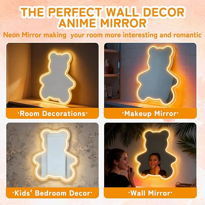 Bear Neon Light Mirror, Adorable Dimmable Acrylic Wall Decor with Warm White Glow, USB Powered Shatterproof Mirror for Girls, Kids Room