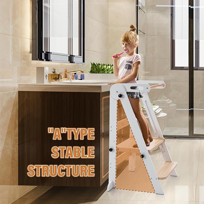Foldable Toddler Kitchen Stool Helper - Adjustable Height Toddler Standing Tower, Kids Helper Stool with Safty Rail for Kitchen Counter Bathroom (White)