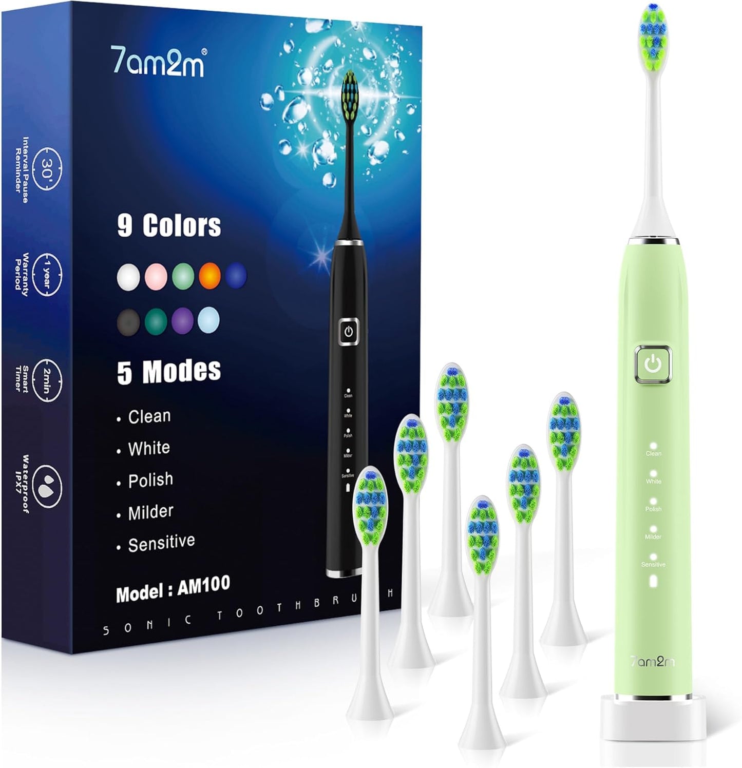 7AM2M Sonic Electric Toothbrush with 6 Brush Heads for Adults&Kids, One Charge for 120 Days, Wireless Fast Charge, 5 Modes, 40000VPM Powered Toothbrush, 2 Minutes Built in Smart Timer (Light Green)