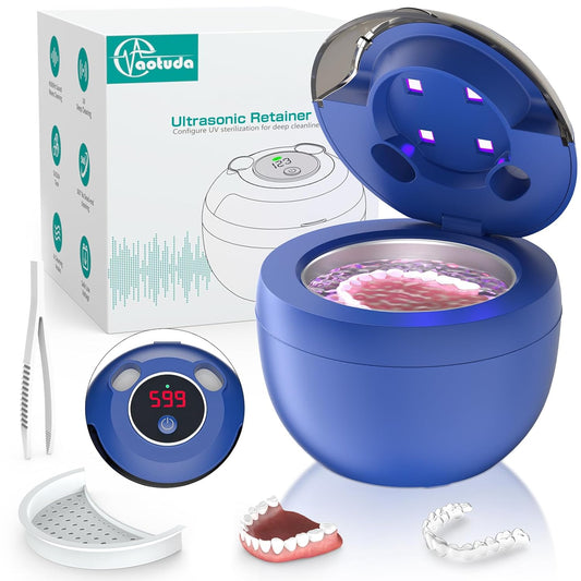 45kHz Ultrasonic Retainer Cleaner Machine, 200ML Denture Cleaner, 4 Modes with Digital Timer Mouth Guard Cleaner for Aligner, Night Guard, Braces, Toothbrush, Jewelry and More (Navy Blue)