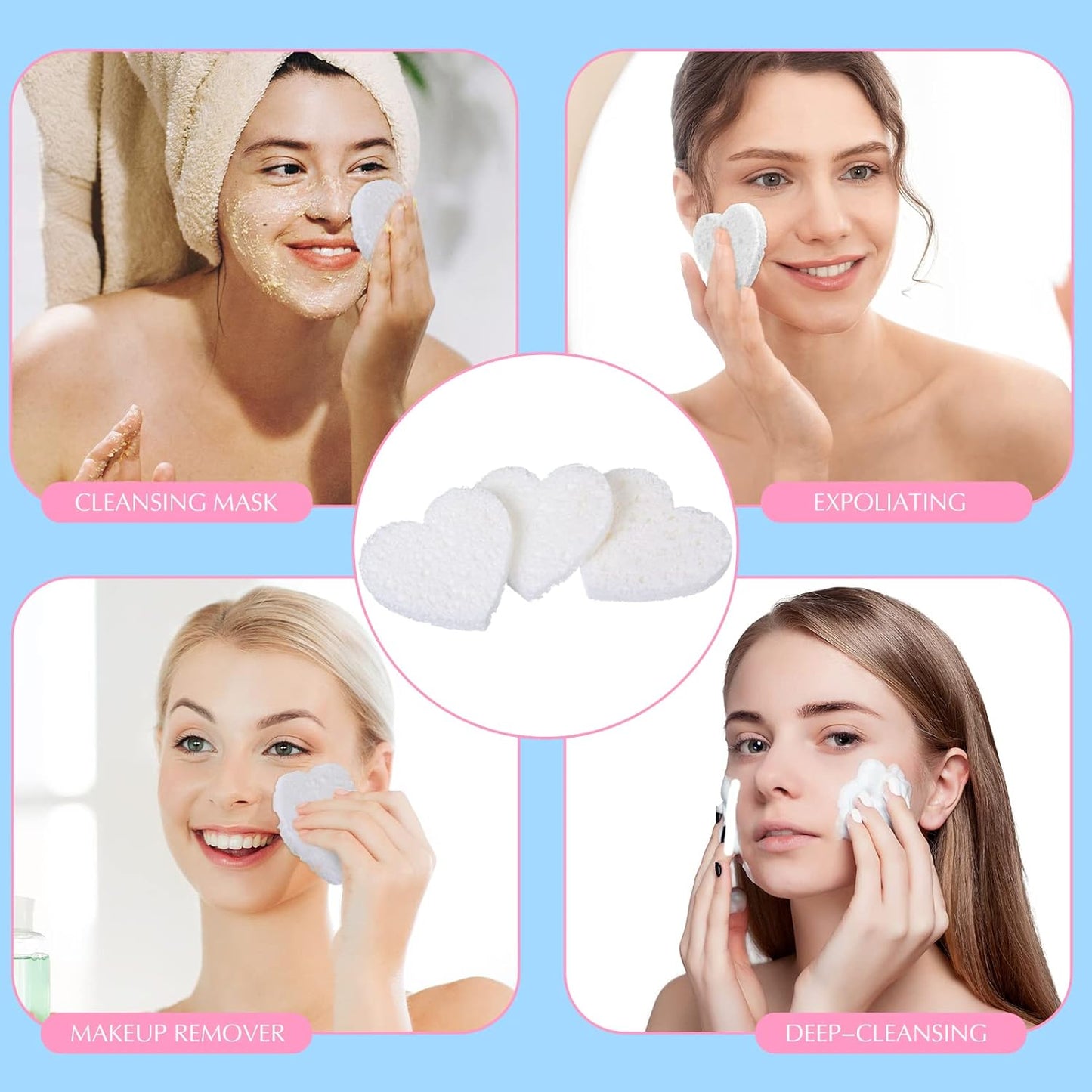 Nuenen 60 Pieces Facial Sponges with Container, Heart Shape Compressed Face Sponges Natural Cleaning Pads for Washing Face Cleaning Exfoliating Esthetician Makeup Removal(White)