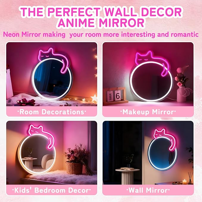 Pink Cat Neon Light Acrylic Mirror, Dimmable Circle Wall Decor with USB Power, Shatterproof Unbreakable for Girls Kids Bedroom