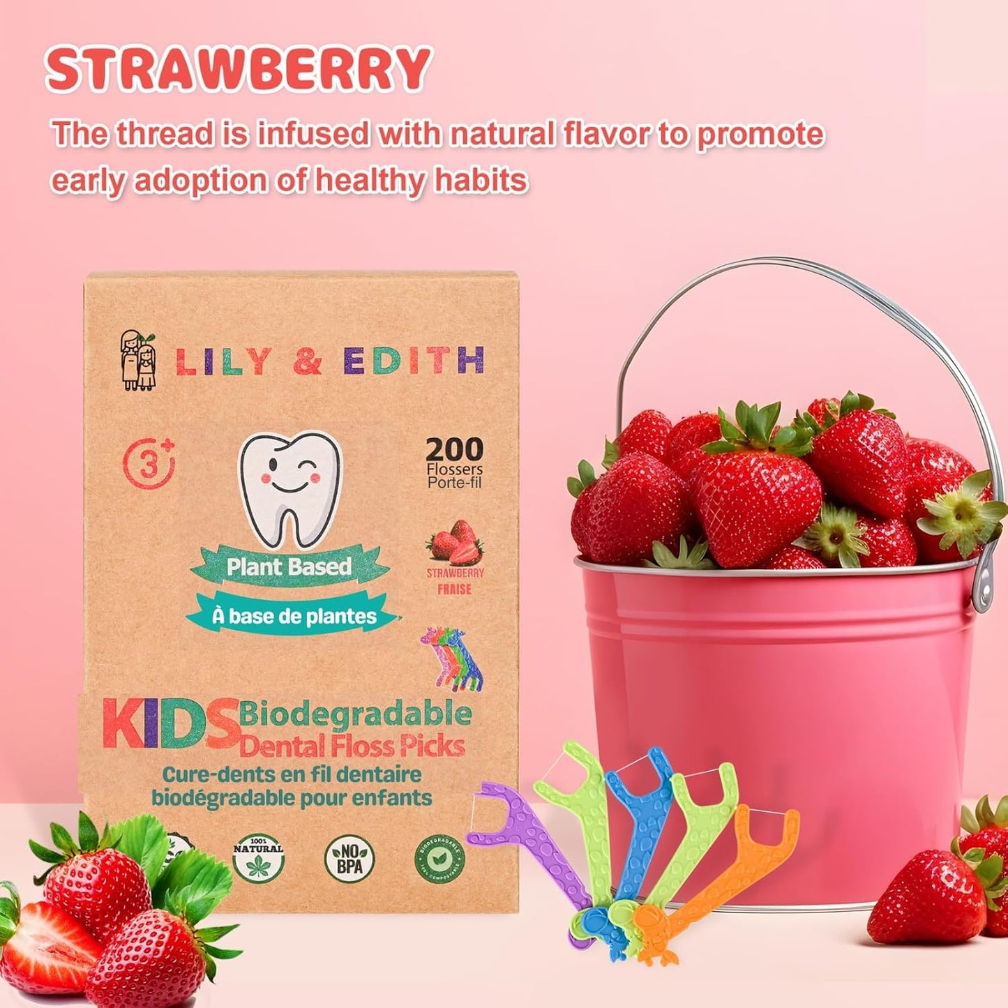 LILY & EDITH Kids Plant Based Dental Floss Picks 200 Counts, Fluoride Free, Corn Starch Material, Chemical Free, Fun Animal Flossing Sticks, Ultra Sturdy Thread, Zero Waste Package (Strawberry)