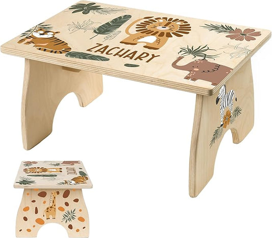 Step Stool for Toddlers- Personalized Wood Kids Step Stool with Name for Kitchen Sink, Bathroom, Potty Training, Toilet, Kitchen Sink- Sturdy and Safe- Made in USA by BloomOwl (Jungle- Earthy)