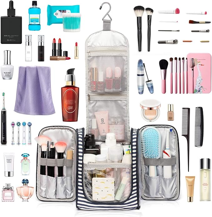 Bosidu Hanging Travel Toiletry Bag,Large Capacity Cosmetic Travel Toiletry Organizer for Women with 4 Compartments & 1 Sturdy Hook,Perfect for Travel/Daily Use/Christmas