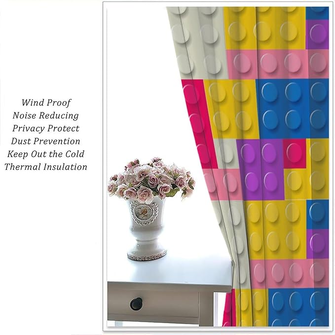 Kids Building Blocks Toy Curtains Children's Room Abstract Outline Colorful Plastic Toys Geometric Bricks Print Curtains for Boys Girls Nursery Curtains 52x84 Inches 2 Panels