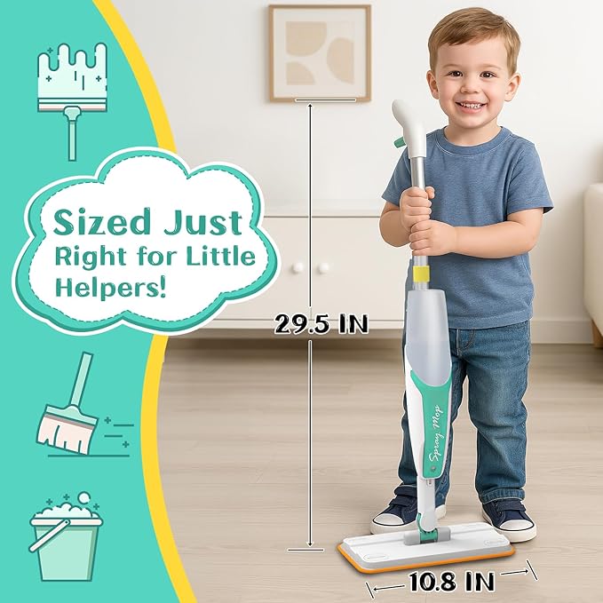 Kids Spray Mop Toy – Toddler Cleaning Set with Real Water Sprayer, Microfiber Mop Pads & Scraper – Pretend Play Montessori Cleaning Toys Gift for Preschool Toddlers Kids Boys and Girls