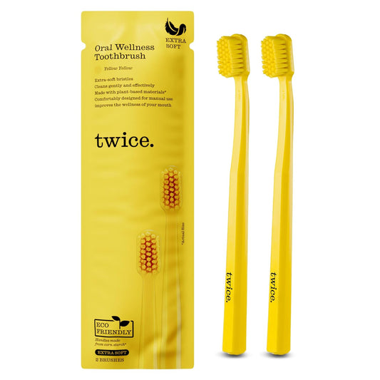 TWICE Oral Wellness Yellow Toothbrush – Extra Soft Bristles, Eco-Friendly Plant-Based Handle, Gentle Cleaning for Sensitive Teeth & Gums, 2 Count
