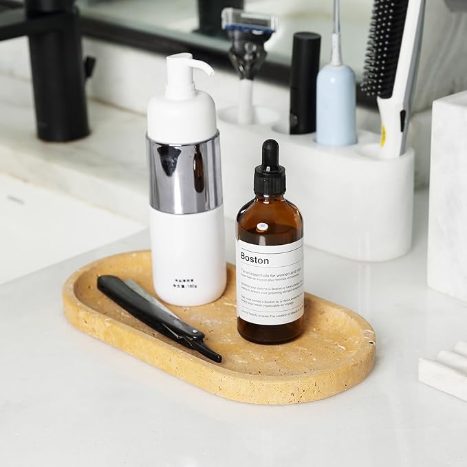 Koville Natural Travertine Tray for Bathroom Vanity, Noble Golden Yellow Bathroom Marble Trays for Countertop Organizer, Decorative Home Décor Catchall Tray for Perfume, Candles, Jewelry Dish Trays