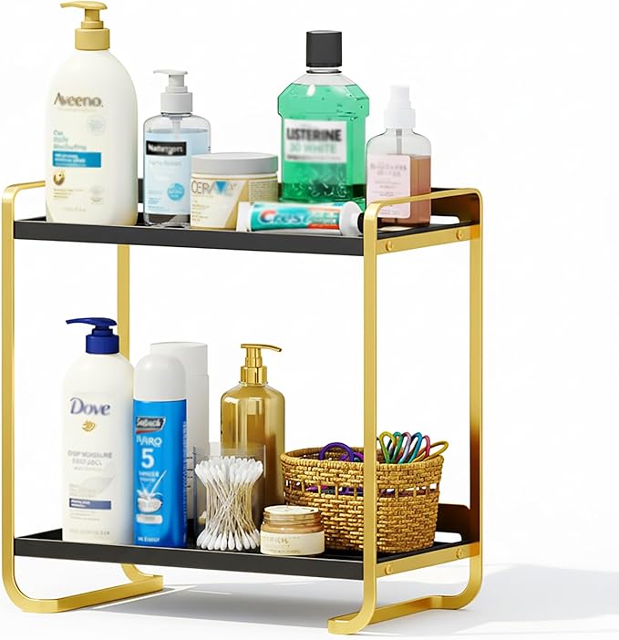 2-Tier Black and Gold Carbon Steel Bathroom Counter Organizer - Skincare Cosmetic Display Tray for Perfume, Makeup, Bathroom, and Vanity Storage - Modern Countertop Organizer and Vanity Decor