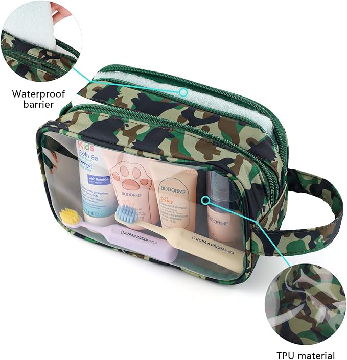 Dinosaur Kids Toiletry Bag for Boys, Travel Clear Toiletry Bag for Little Young Boys Waterproof Hanging Wash Bag Toddler Traveling Toiletries, Camo