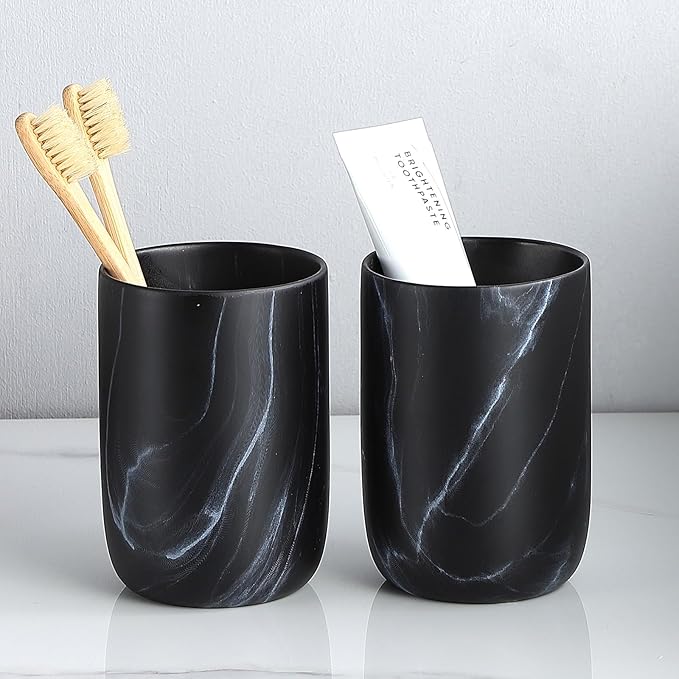 Marble Black Toothbrush Holders for Bathrooms - 2 Cups Ceramic Toothbrush Toothpaste Holders Set, Bathroom Tumbler Cups Reusable Toothbrush Cup Black Mouthwash Cup, Bathroom Counter Organizer