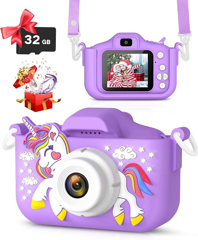 Kids Camera Toys for 3-12 Year Old Girls Unicorn Camera for Kids,Chritmas Birthday Festival Gifts for Girls，Digital Video Camera for Toddler 32G SD Card