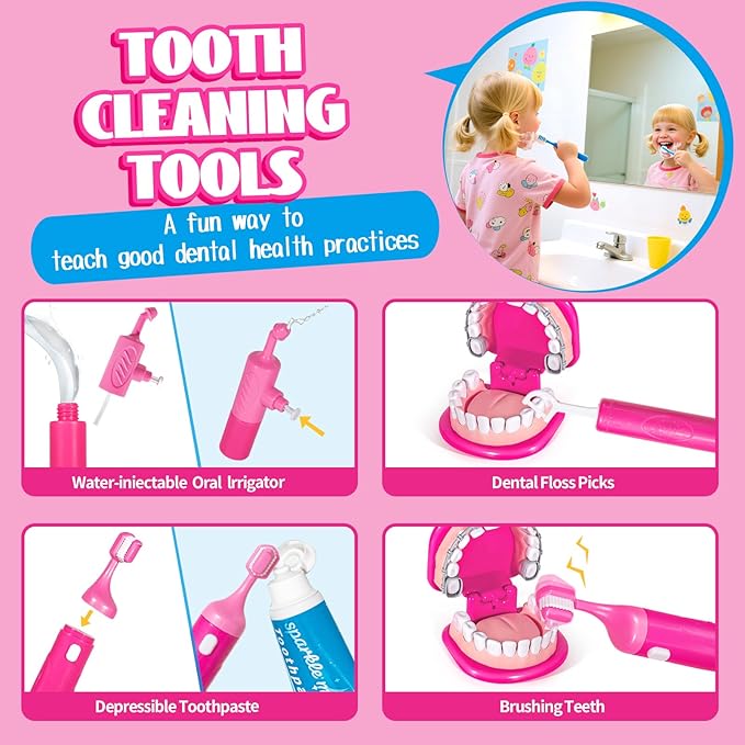 ULOVEME Kids Dentist Play Set Pink with Braces /Removable Teeth /Retainer - Doctor Kit for Toddlers 3-5 - Educational Toys for 4+ Year Old Girls - Pretend Play Toy for Ages 5-7 (Fushia)