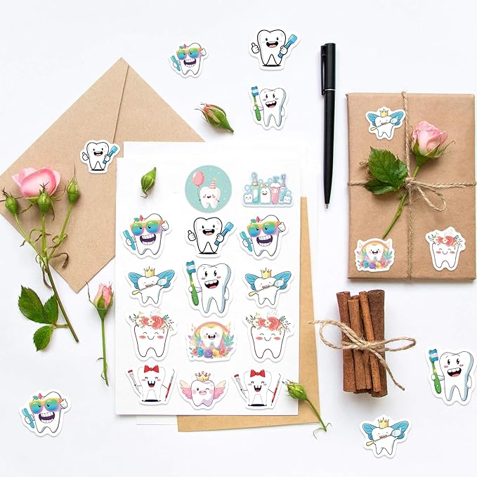 500PCS Teeth Stickers for Kids 10 Styles Sticker Rolls Cartoon Teeth Fairy Stickers Tooth Party Favors Waterproof Vinyl Stickers(500 Per Roll)